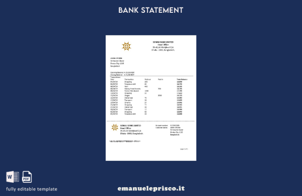 modello word di estratto conto bancario Bangladesh Sonali in stile verificato